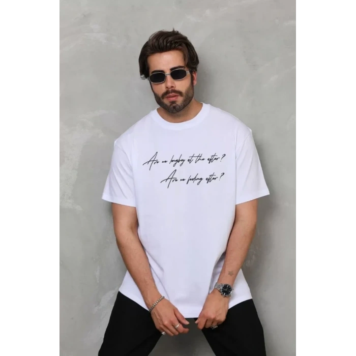 Unisex Bisiklet Yaka Baskılı Oversize Thirt  Beyaz