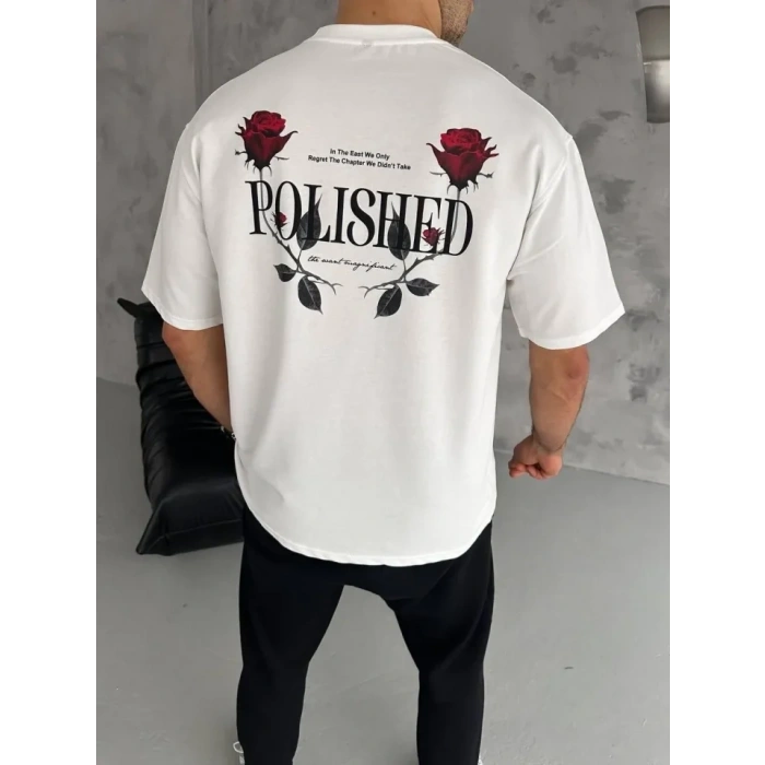 Unisex Bisiklet Yaka Baskılı Oversize Thirt  Beyaz