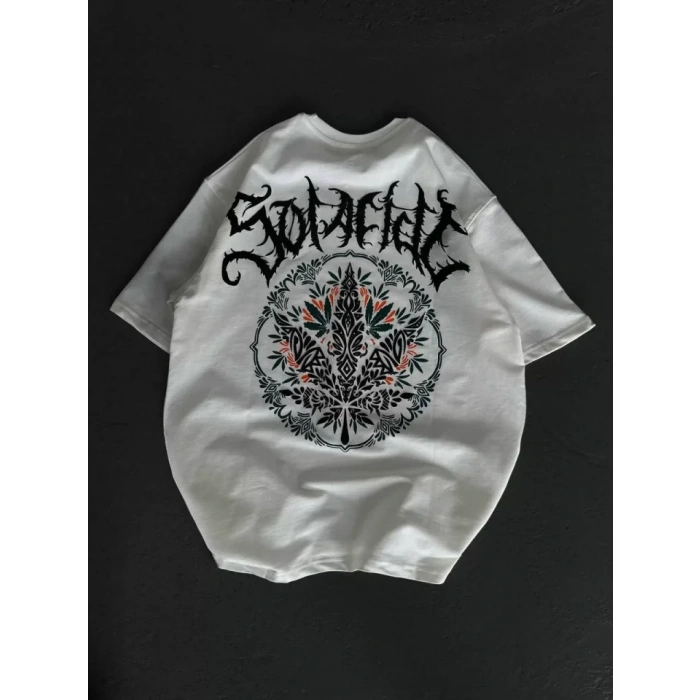 Unisex Bisiklet Yaka Baskılı Oversize Thirt  Beyaz