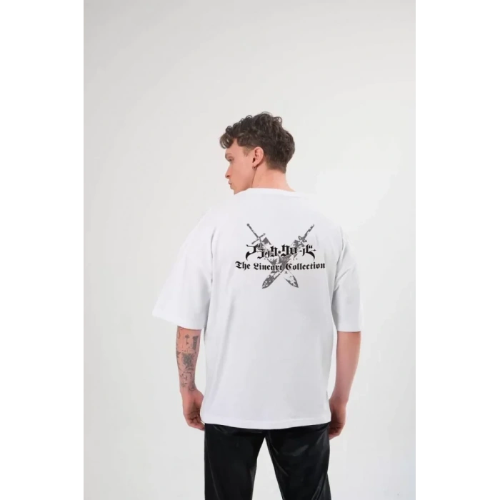 Unisex Bisiklet Yaka Baskılı Oversize Thirt  Beyaz