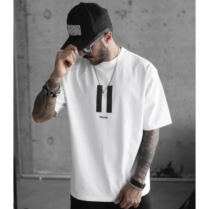 Unisex Bisiklet Yaka Baskılı Oversize Thirt  Beyaz