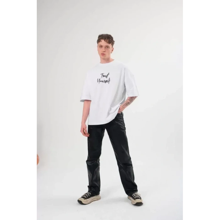 Unisex Bisiklet Yaka Baskılı Oversize Thirt  Beyaz