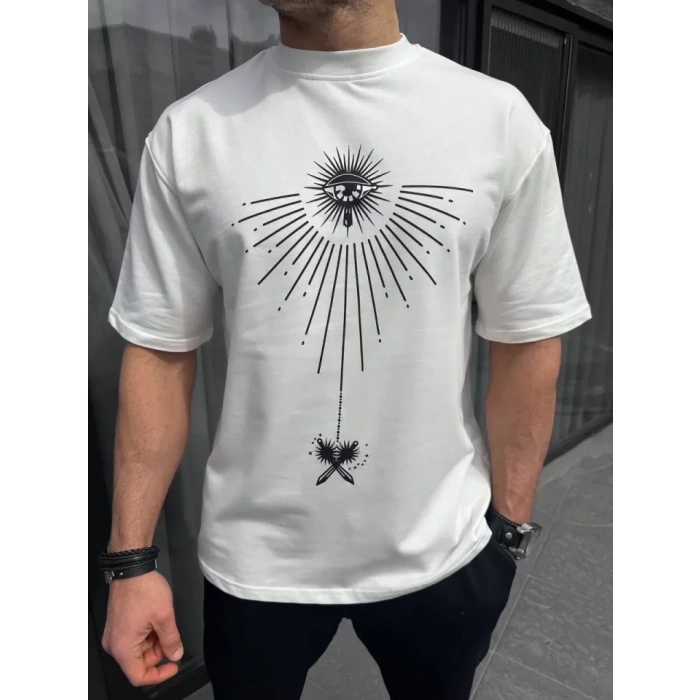 Unisex Bisiklet Yaka Baskılı Oversize Thirt  Beyaz