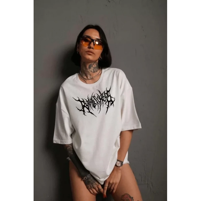 Unisex Bisiklet Yaka Baskılı Oversize Thirt  Beyaz