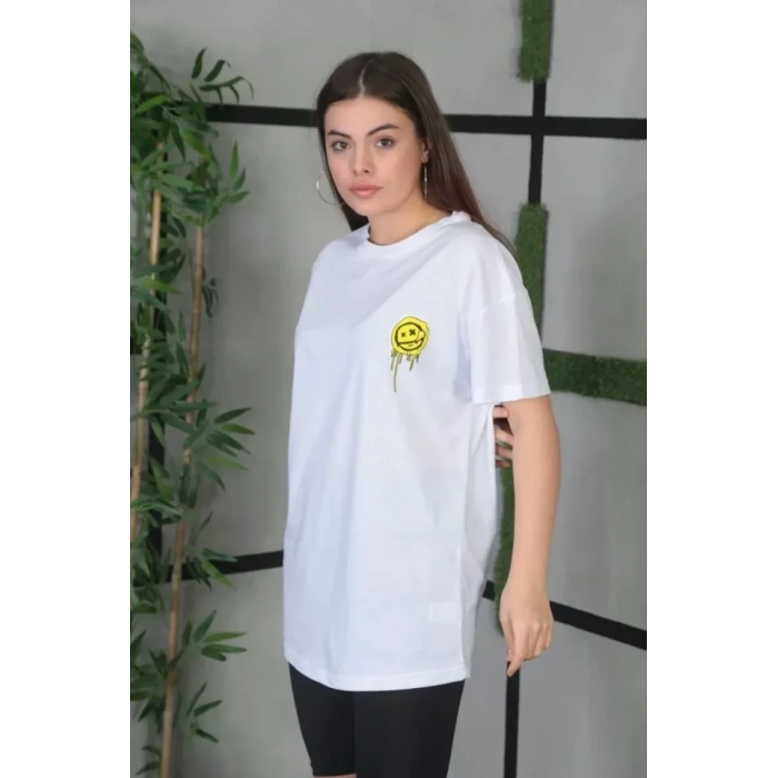 Unisex Bisiklet Yaka Baskılı Oversize Thirt  Beyaz
