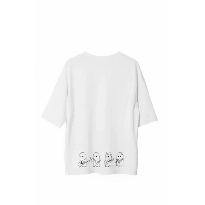 Unisex Bisiklet Yaka Baskılı Oversize Thirt  Beyaz