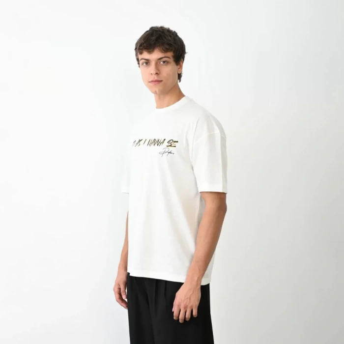 Unisex Bisiklet Yaka Baskılı Oversize Thirt  Beyaz