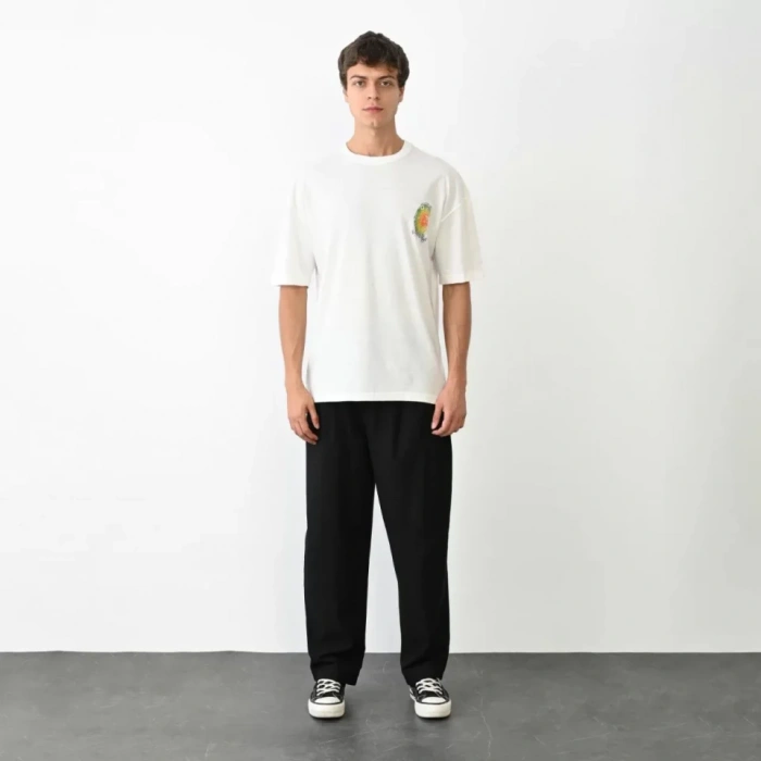 Unisex Bisiklet Yaka Baskılı Oversize Thirt  Beyaz