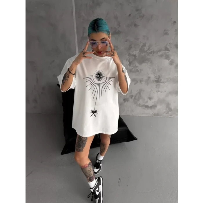 Unisex Bisiklet Yaka Baskılı Oversize Thirt  Beyaz