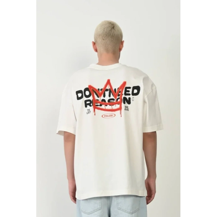 Unisex Bisiklet Yaka Baskılı Oversize Thirt  Beyaz