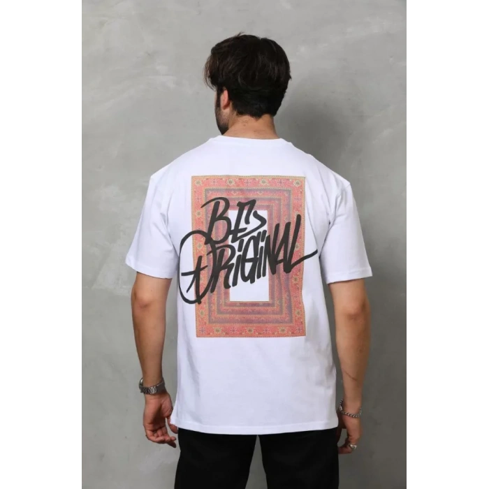 Unisex Bisiklet Yaka Baskılı Oversize Thirt  Beyaz