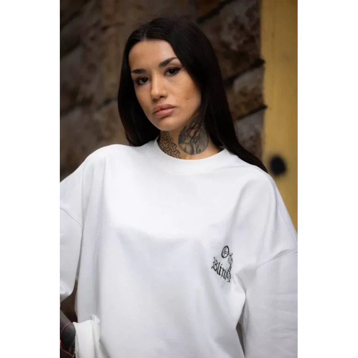 Unisex Bisiklet Yaka Baskılı Oversize Thirt  Beyaz