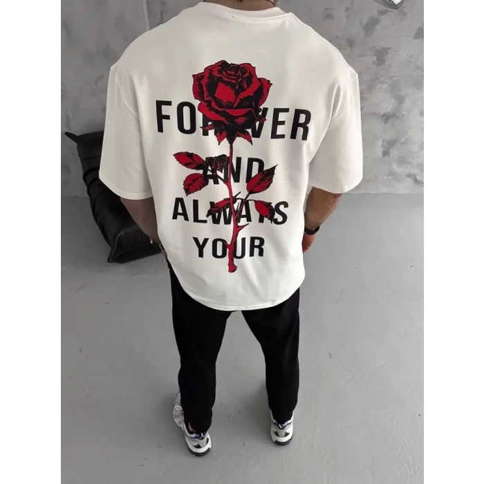 Unisex Bisiklet Yaka Baskılı Oversize Thirt  Beyaz