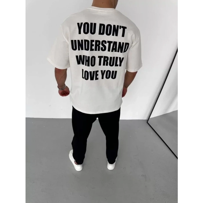 Unisex Bisiklet Yaka Baskılı Oversize Thirt  Beyaz