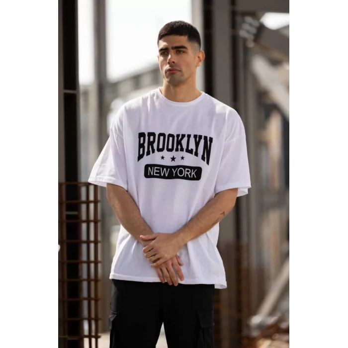 Unisex Bisiklet Yaka Baskılı Oversize Thirt  Beyaz