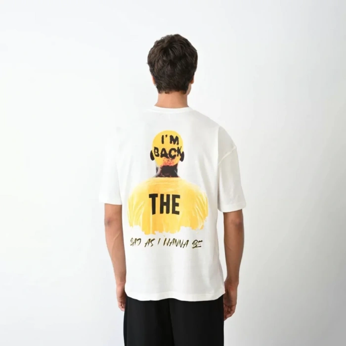 Unisex Bisiklet Yaka Baskılı Oversize Thirt  Beyaz