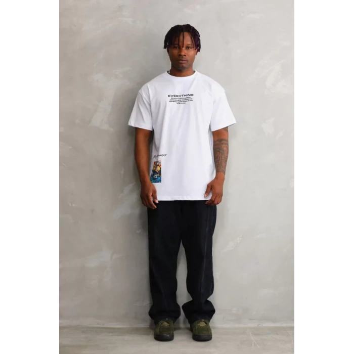 Unisex Bisiklet Yaka Baskılı Oversize Thirt  Beyaz