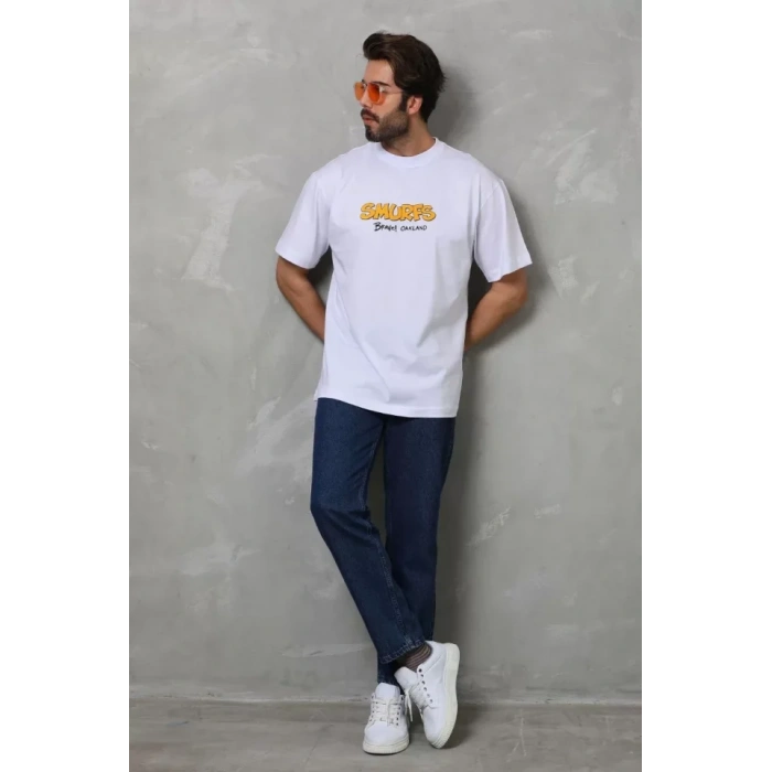 Unisex Bisiklet Yaka Baskılı Oversize Thirt  Beyaz