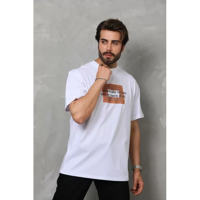 Unisex Bisiklet Yaka Baskılı Oversize Thirt  Beyaz