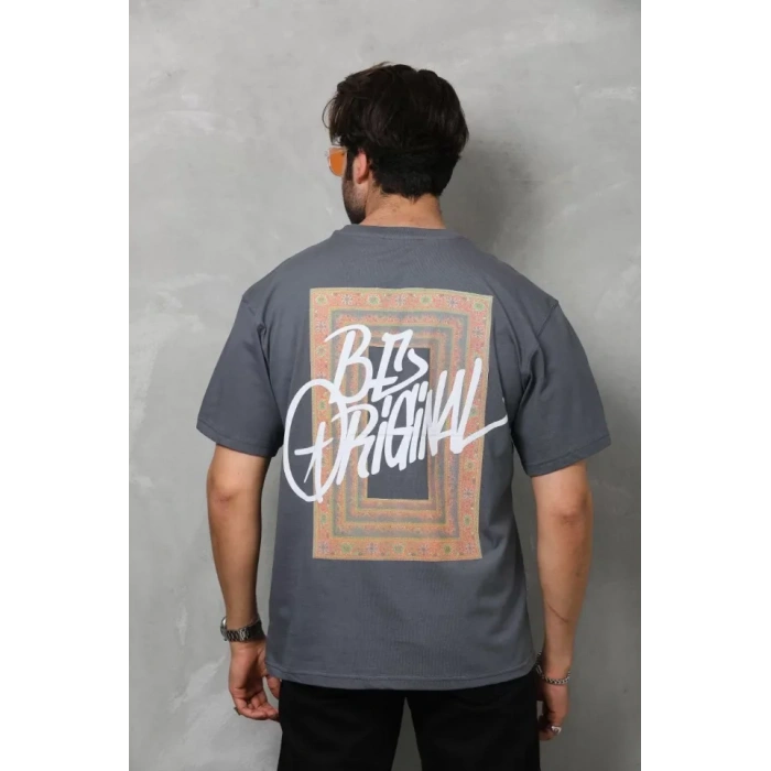 Unisex Bisiklet Yaka Baskılı Oversize Thirt  Füme