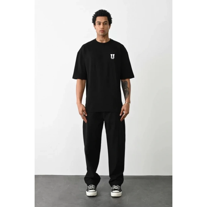 Unisex Bisiklet Yaka Baskılı Oversize Thirt  iyah