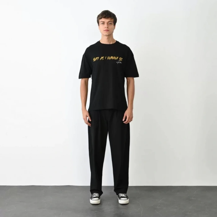 Unisex Bisiklet Yaka Baskılı Oversize Thirt  iyah