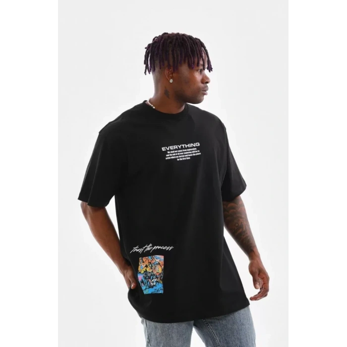 Unisex Bisiklet Yaka Baskılı Oversize Thirt  iyah