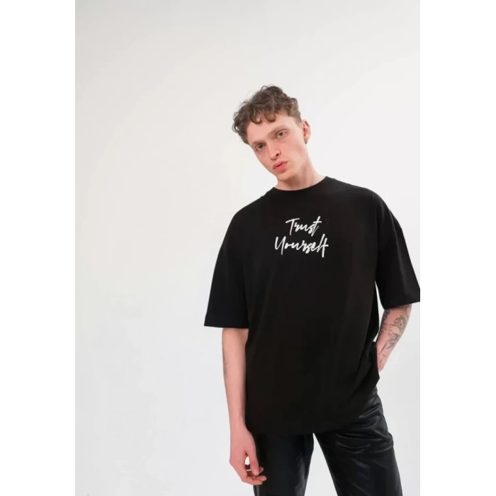 Unisex Bisiklet Yaka Baskılı Oversize Thirt  iyah