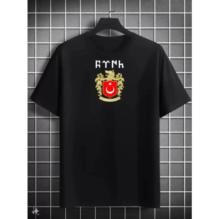 Unisex Bisiklet Yaka Baskılı Oversize Thirt  iyah