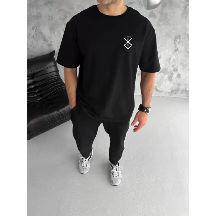 Unisex Bisiklet Yaka Baskılı Oversize Thirt  iyah