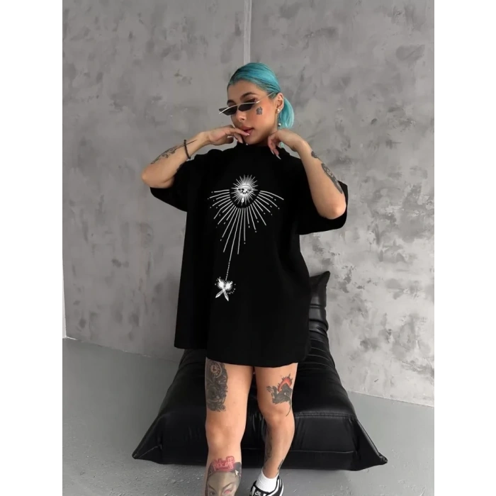 Unisex Bisiklet Yaka Baskılı Oversize Thirt  iyah