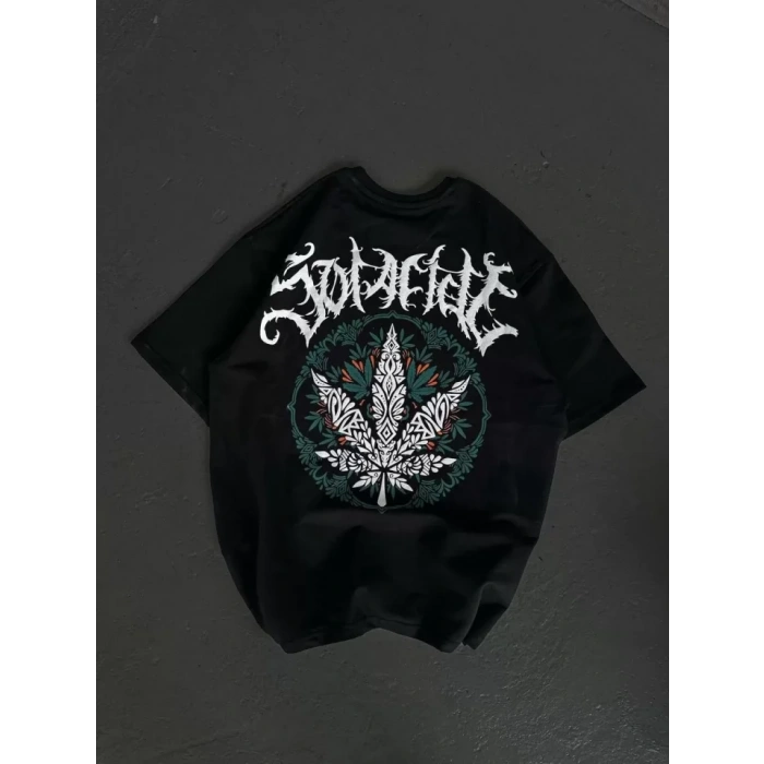 Unisex Bisiklet Yaka Baskılı Oversize Thirt  iyah