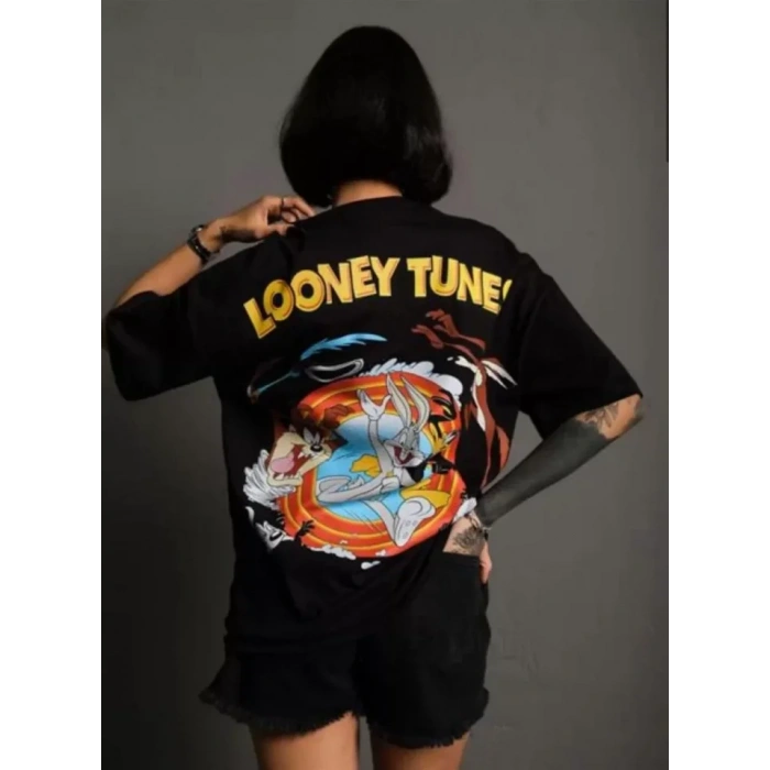 Unisex Bisiklet Yaka Baskılı Oversize Thirt  iyah