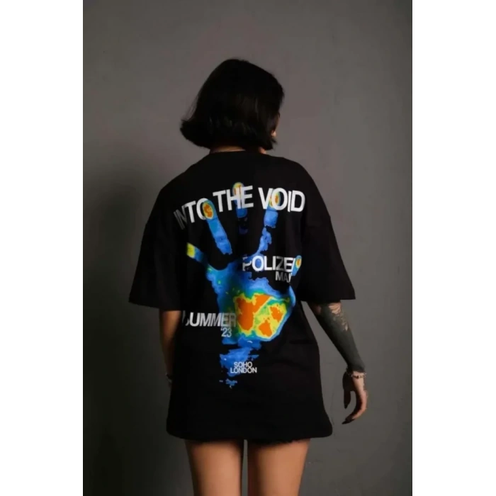 Unisex Bisiklet Yaka Baskılı Oversize Thirt  iyah