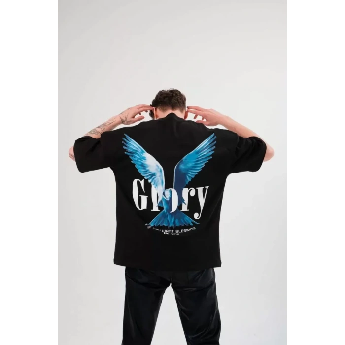 Unisex Bisiklet Yaka Baskılı Oversize Thirt  iyah