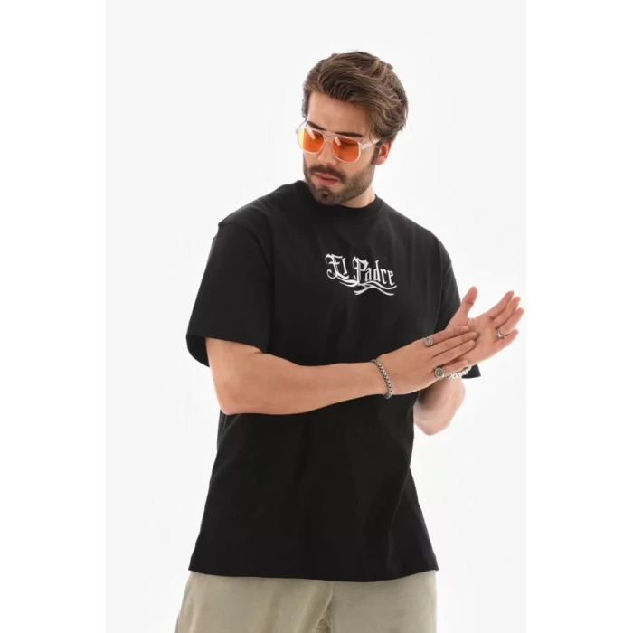 Unisex Bisiklet Yaka Baskılı Oversize Thirt  iyah