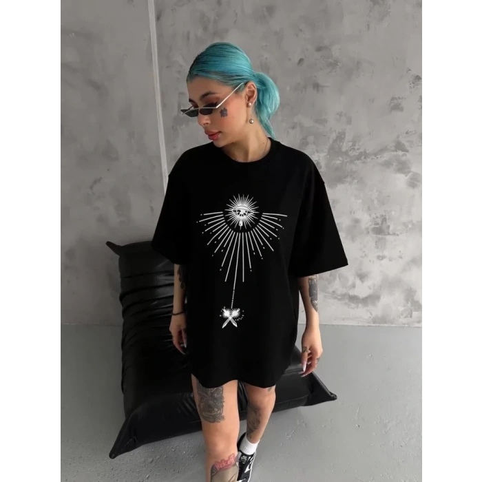 Unisex Bisiklet Yaka Baskılı Oversize Thirt  iyah