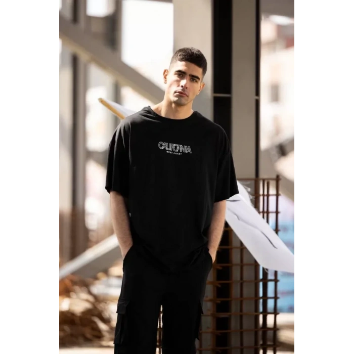 Unisex Bisiklet Yaka Baskılı Oversize Thirt  iyah