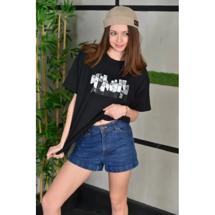 Unisex Bisiklet Yaka Baskılı Oversize Thirt  iyah