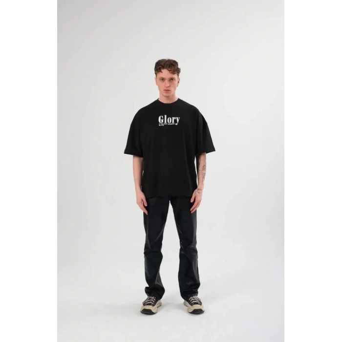 Unisex Bisiklet Yaka Baskılı Oversize Thirt  iyah