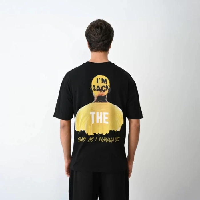 Unisex Bisiklet Yaka Baskılı Oversize Thirt  iyah