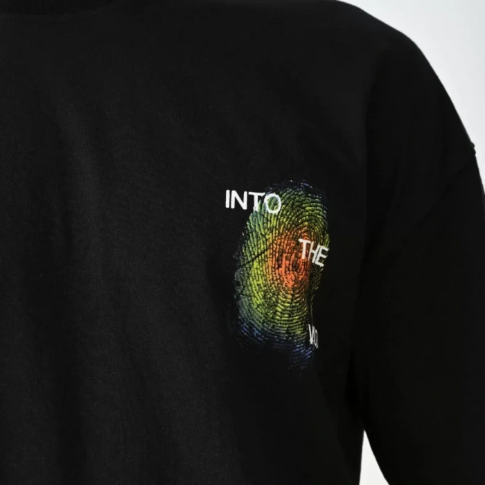 Unisex Bisiklet Yaka Baskılı Oversize Thirt  iyah