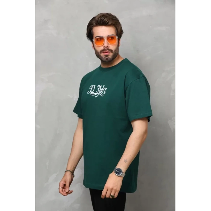 Unisex Bisiklet Yaka Baskılı Oversize Thirt  Yeşil