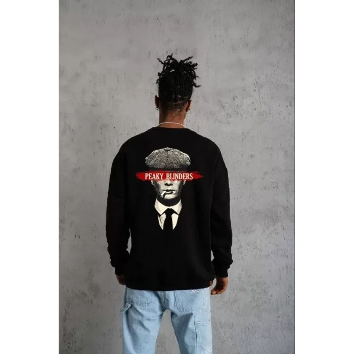 Unisex Bisiklet Yaka Baskılı Oversize weatshirt  iyah