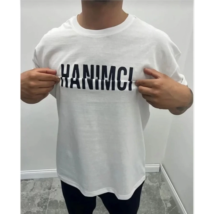 Unisex Bisiklet Yaka Katlanan Baskılı Thirt  Beyaz