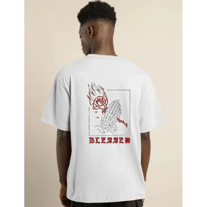 Unisex Bisiklet Yaka Oversize Baskılı Thirt  Beyaz