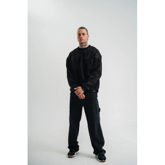 Unisex Bisiklet Yaka Özel Pis Dikişli Yıkamalı weathirt  iyah