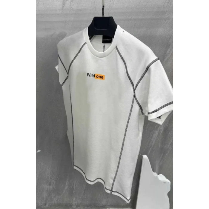 Unisex Dikişli Baskılı Oversize Thirt  Beyaz