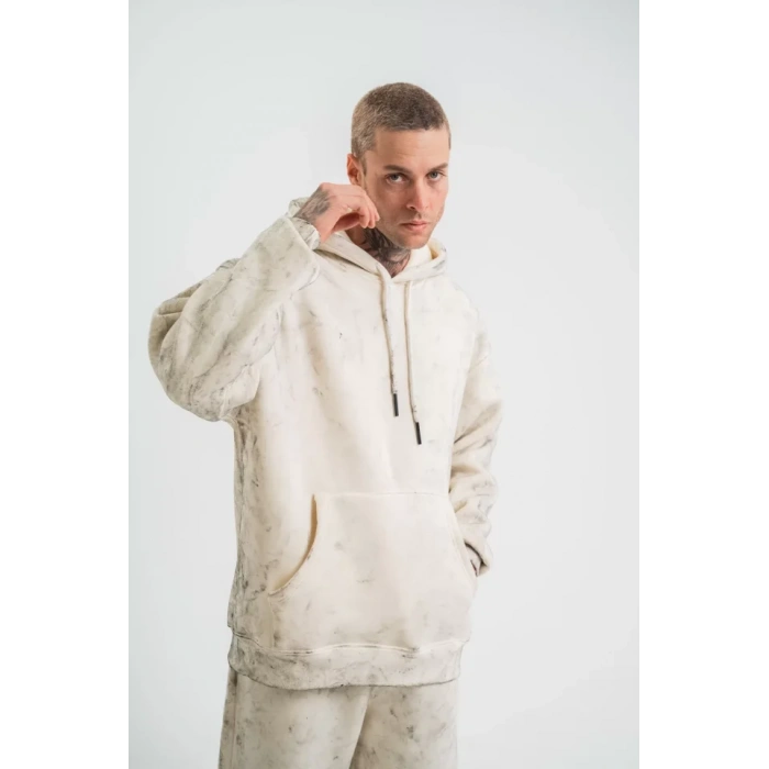 Unisex Double Oversize Kapşonlu Yıkamalı weathirt  Krem