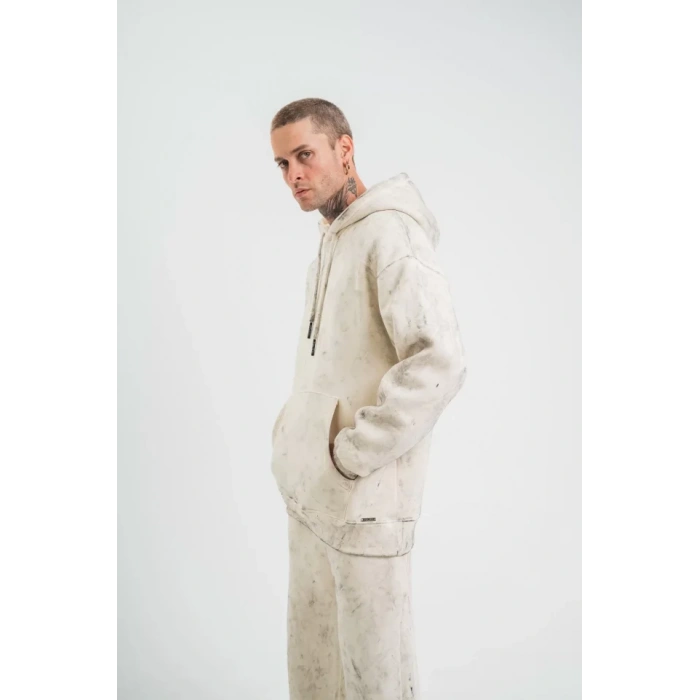 Unisex Double Oversize Kapşonlu Yıkamalı weathirt  Krem